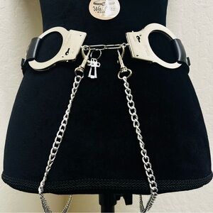 Black and silver faux leather handcuff waist belt